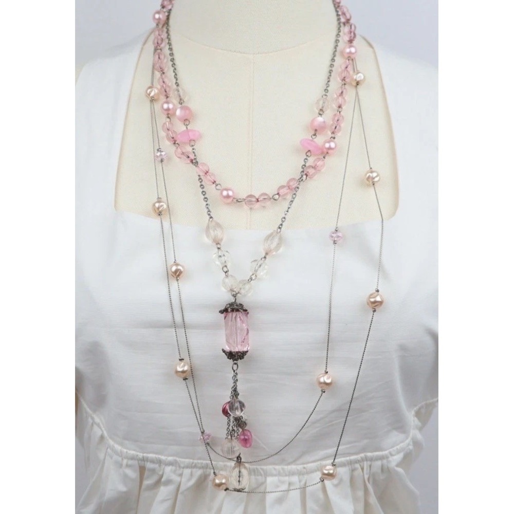 Long Multi Strand Layered Necklaces & Earrings Boho Coquette Pink Tones Feminine
